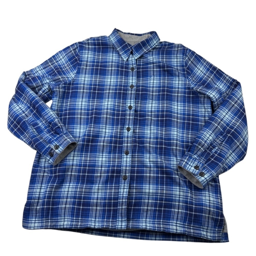L.L.Bean Women's Fleece Lined Flannel Button Down Blue Shirt Jacket Size L